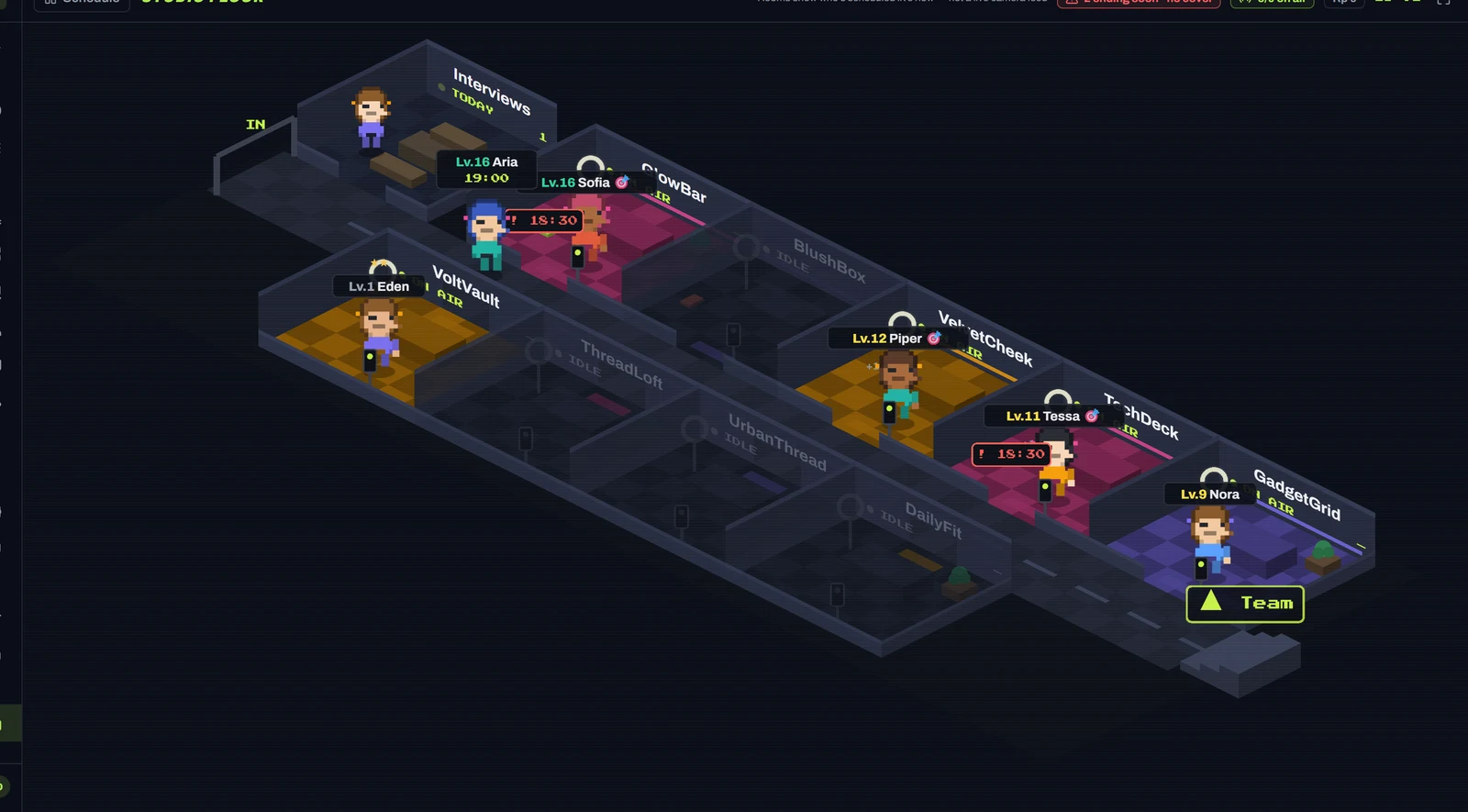 Studio floor: an isometric view of every live room, each host carrying a level plate, rooms marked ON AIR