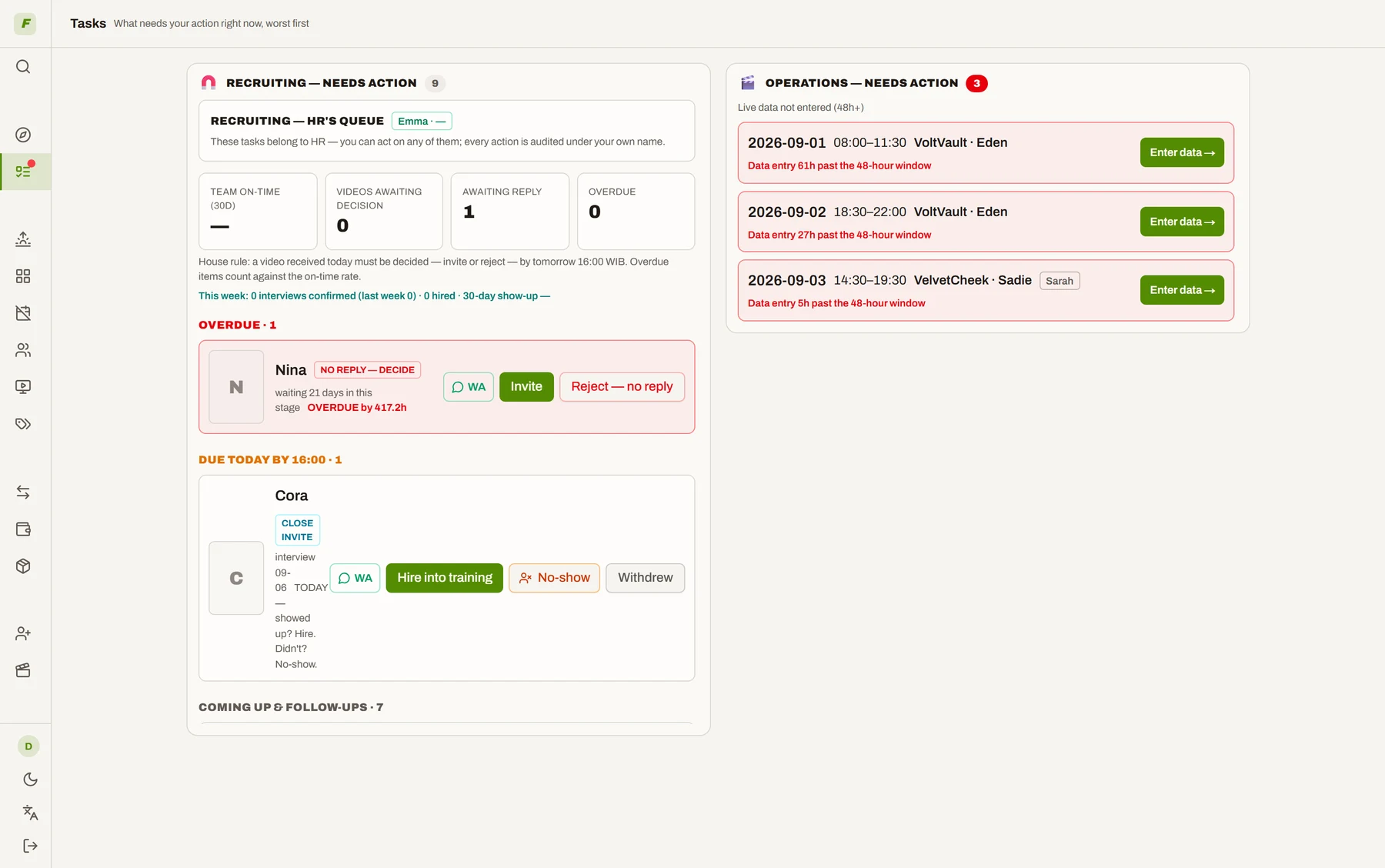 Task queue: recruiting decisions on the left, un-entered live sessions on the right, worst first